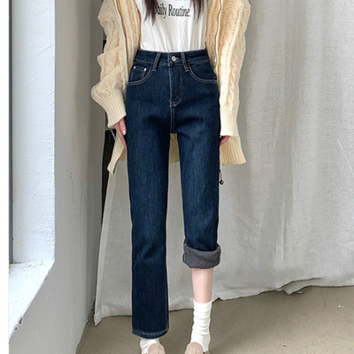 直筒牛仔裤女秋冬季加绒高腰2024年新款蓝灰小个子八分窄烟管裤
