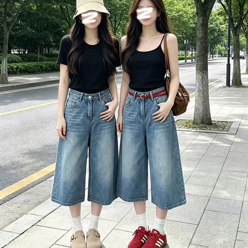 复古阔腿七分牛仔裤女夏季薄款