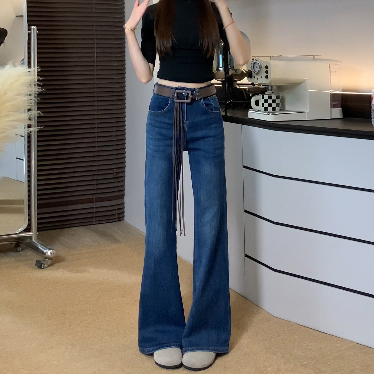 高腰垂感加绒直筒喇叭裤