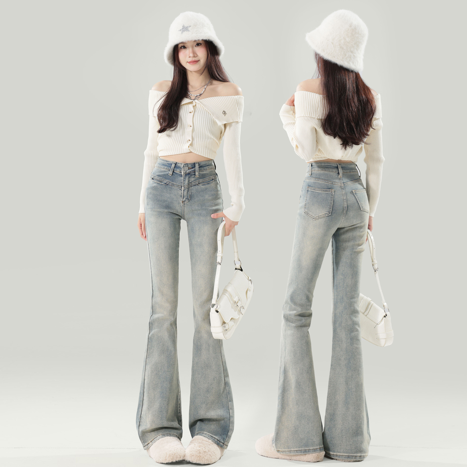 蓝色高腰微喇牛仔裤女2025