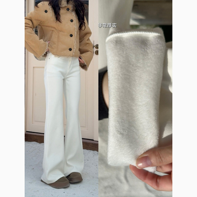 加绒加厚白色低腰微喇牛仔裤女