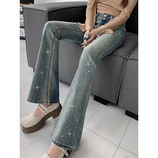 双排扣高腰弹力复古微喇软牛仔裤女春季新款满天星烫钻带钻喇叭裤