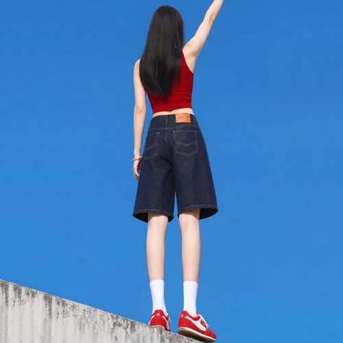 丹宁深蓝五分阔腿牛仔裤女短裤