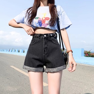 夏季 百搭高腰阔腿牛仔短裤 女2025薄款 宽松显瘦ins风可调节a字热裤