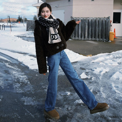 复古蓝色加绒牛仔裤女小个子