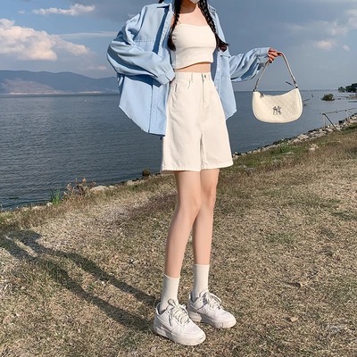 白色五分阔腿牛仔短裤女夏季