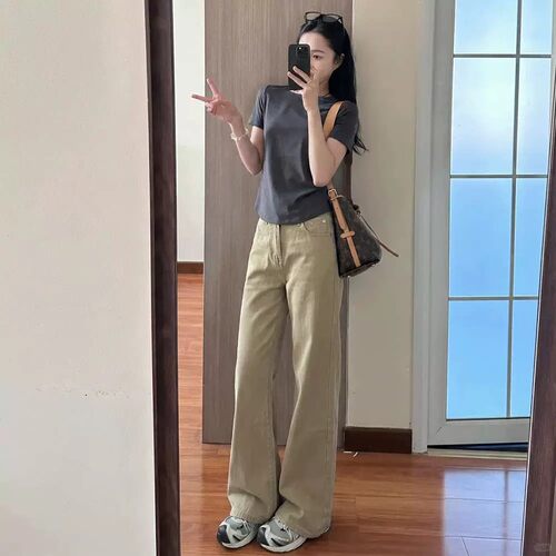 卡其色窄版阔腿牛仔裤女2026