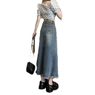 复古牛仔半身裙女2024年夏季新款高腰小个子显瘦毛边中长款鱼尾裙