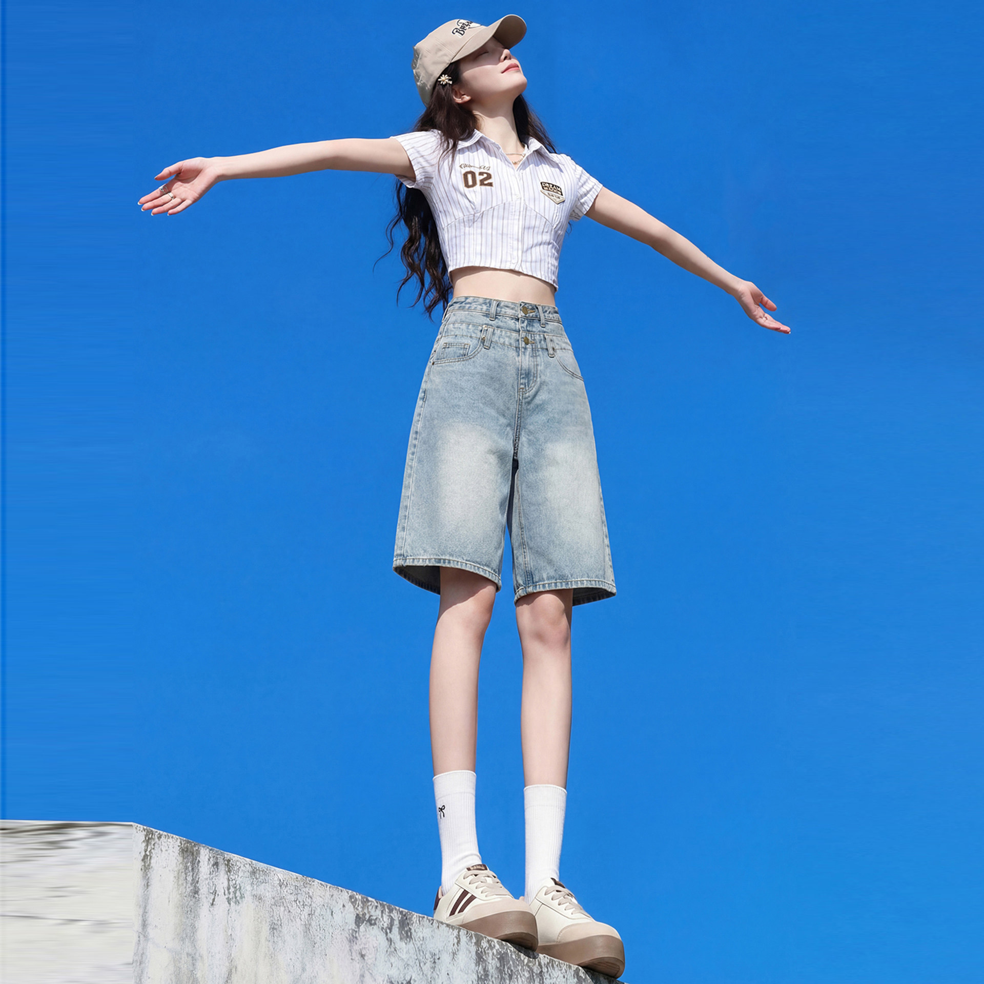 浅色牛仔短裤女小个子2026新款夏季宽松垂感休闲百搭七分阔腿裤子
