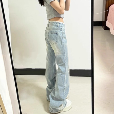 浅蓝低腰蕾丝微喇叭牛仔裤女