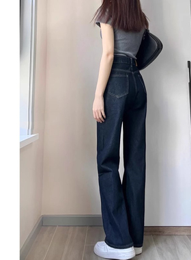 深蓝色阔腿牛仔裤女2024秋季新款美式复古高腰显瘦窄版直筒拖地裤