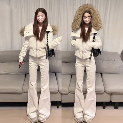 白色微喇牛仔裤女2025秋冬加绒