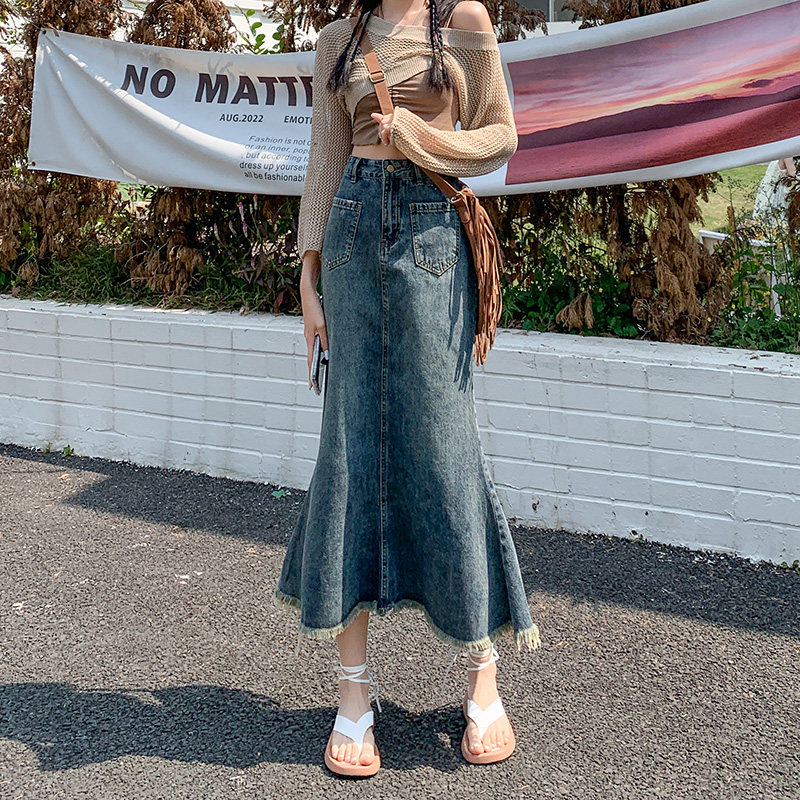 复古牛仔半身裙女春夏高腰设计感宽松显瘦遮胯百搭包臀长裙鱼尾裙