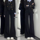 子 小个子弹力加绒垂感百搭喇叭裤 黑色高腰微喇牛仔裤 女2024年秋季