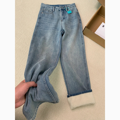 加绒加厚美式高腰阔腿牛仔裤女