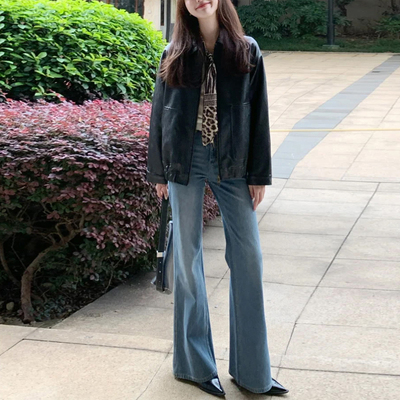 加绒美式高腰辣妹微喇牛仔裤女