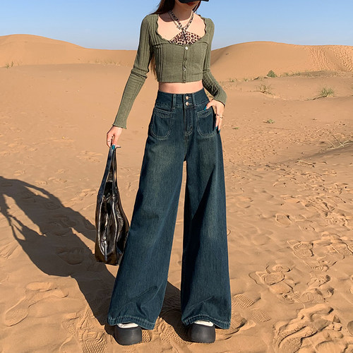 深蓝阔腿牛仔裤女秋季