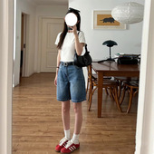 复古蓝牛仔五分短裤 高腰显瘦小个子5分阔腿中裤 女2025年夏季 薄款