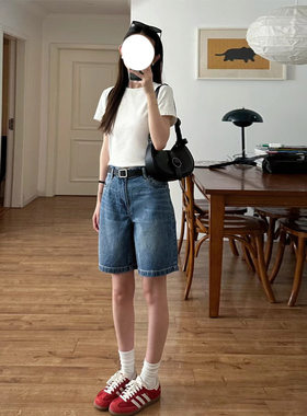 复古蓝牛仔五分短裤女2025年