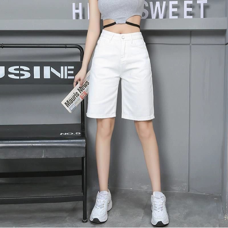 白色五分牛仔短裤女2023夏季薄款高腰宽松直筒小个子休闲骑行中裤