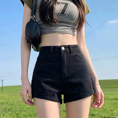 黑色高腰牛仔短裤女夏季