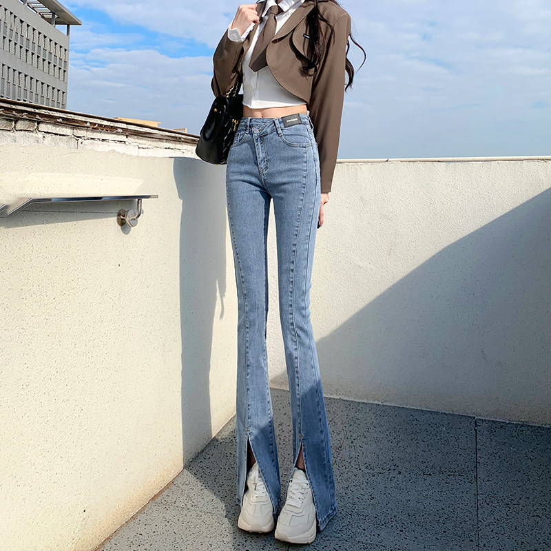 开叉微喇牛仔裤高腰月销过万