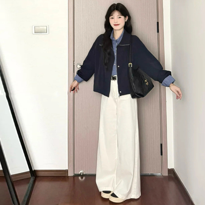 白色加绒阔腿牛仔裤女