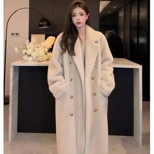 2025秋冬加厚女长款西服领环保貂仿水貂毛皮毛一体皮草外套大衣