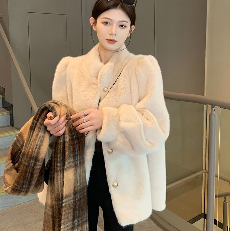 千金风仿毛皮草外套女冬兔毛立领中长款宽松保暖大衣