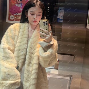 长款街头风女长袖V领人造皮草加厚长款网红冬季慵懒风