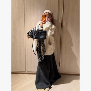 环保皮草白色毛毛外套女中长款宽松慵懒感皮毛一体毛呢外套