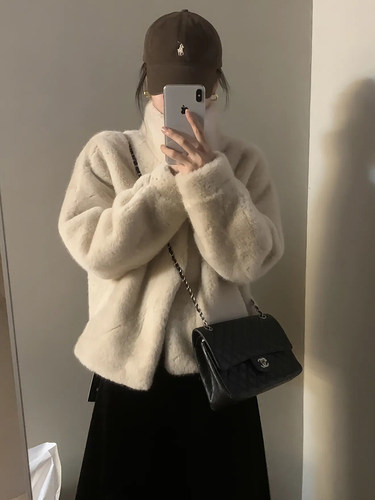 立领仿水貂绒短款皮草外套女