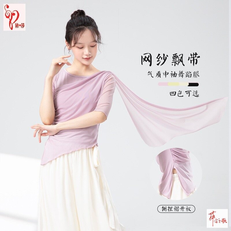 现代舞蹈艺考拼接网纱飘逸仙气不规则练功形体修身美体休闲上衣女