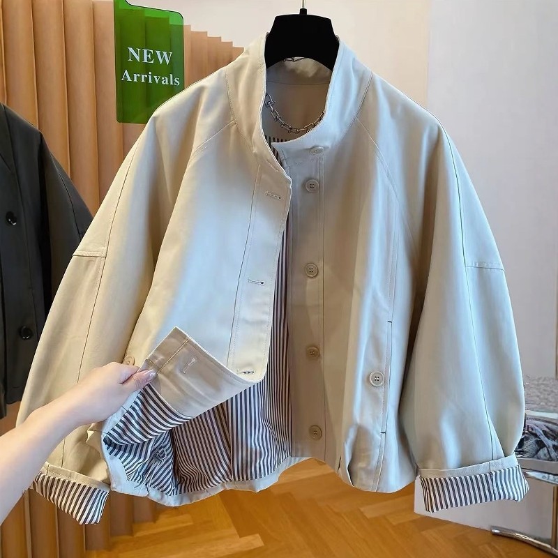 高级感立领夹克外套女春秋装2025新款宽松休闲条纹内衬短款上衣