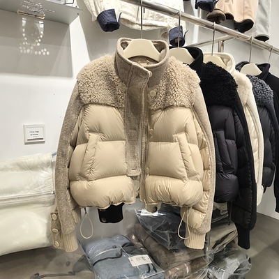 韩系毛毛立领白鸭绒羽绒服女冬