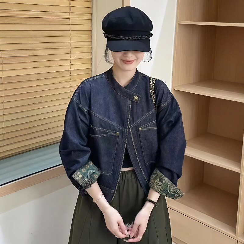 复古圆领内衬印花牛仔外套女2025秋季新款韩版宽松休闲百搭短上衣