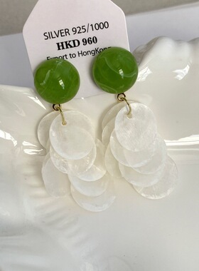 夏日新品绿色长款耳饰蚊香盘耳夹女无耳洞贝壳高级感清新气质耳钉