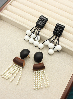 MONIES木头流苏耳环长款扫肩琉璃珠珠小众设计高级感轻奢风耳饰