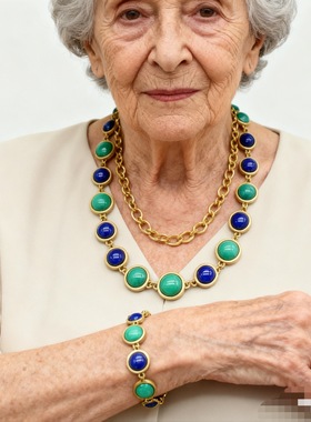 中古风复古绿石头项链彩色小众设计高级感女宫廷气质锁骨链手链