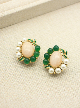 中古做旧复古椭圆形耳环小众设计高级感粉晶耳钉女绿玛瑙耳环