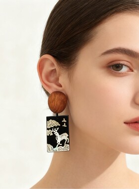 MONIES木质耳环椰壳拉菲草耳饰跨境首饰意大利小众设计高级感