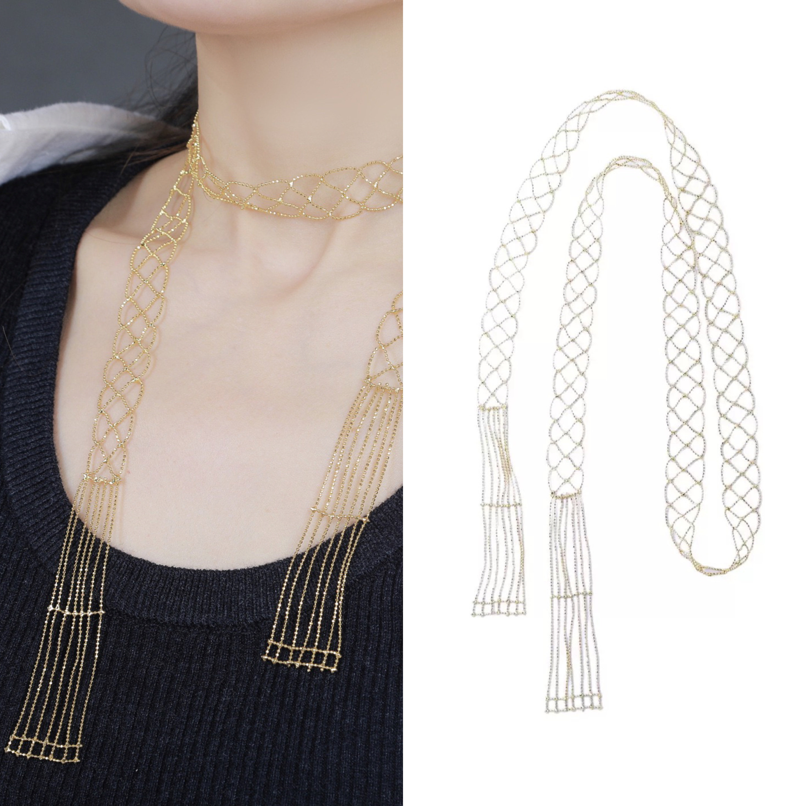 欧美轻奢小众高级感多层叠戴项链金色超长款流苏长链女领带金围脖