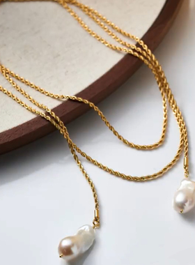 复古天然巴洛克珍珠长款项链ins小众轻奢百搭毛衣 ins多层链吊坠