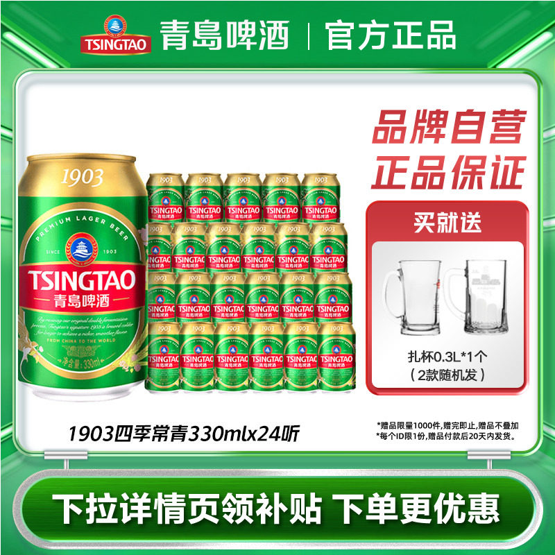 青岛啤酒1903四季常青小罐易拉罐330ml*24听口感清爽整箱包邮