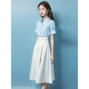蟾宫折桂_洋气减龄漂亮时尚炸街搭配整套白色棉麻衬衫套装裙夏季
