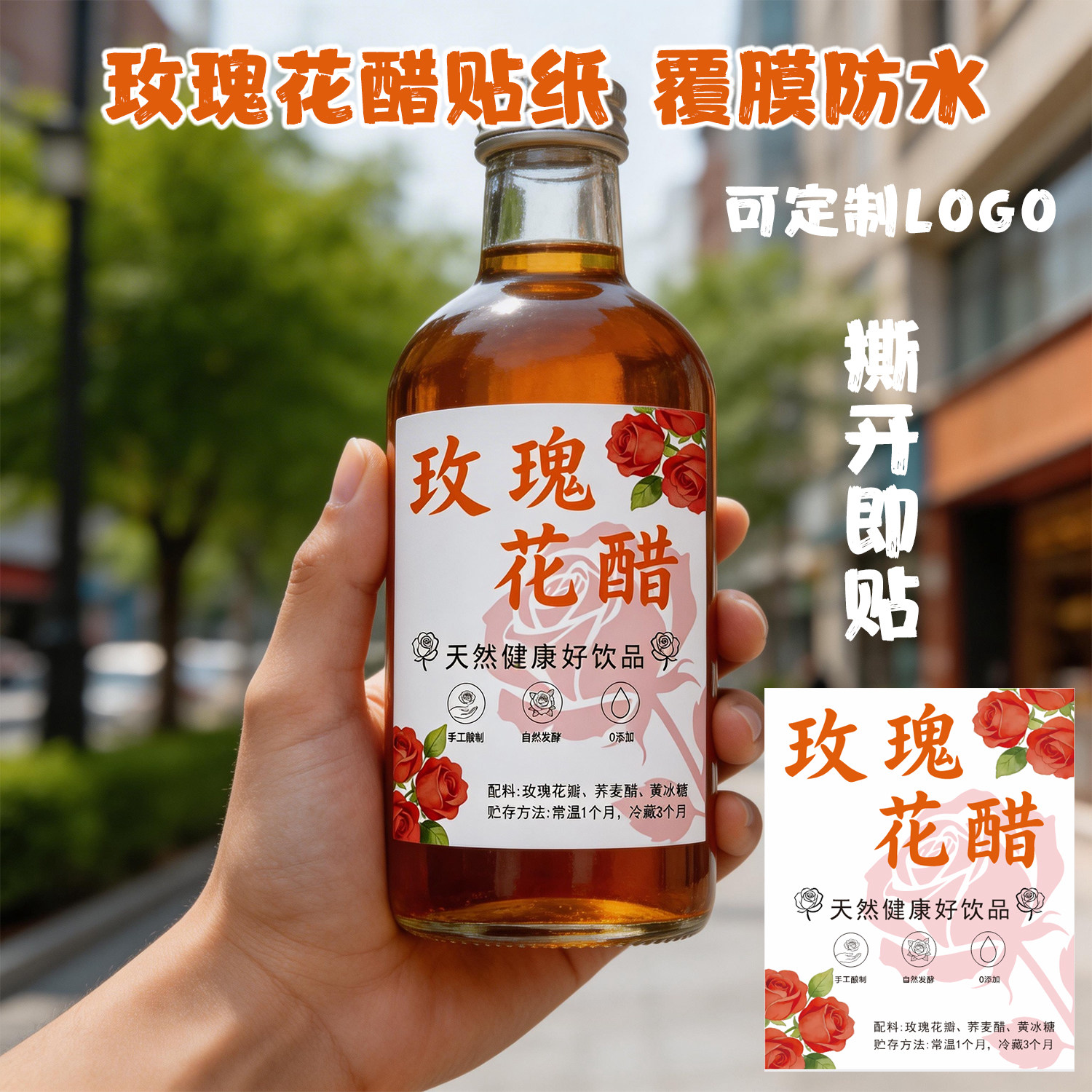 玫瑰花醋不干胶标签定制防水覆膜奶茶甜品店贴纸玫瑰醋瓶身贴纸图片