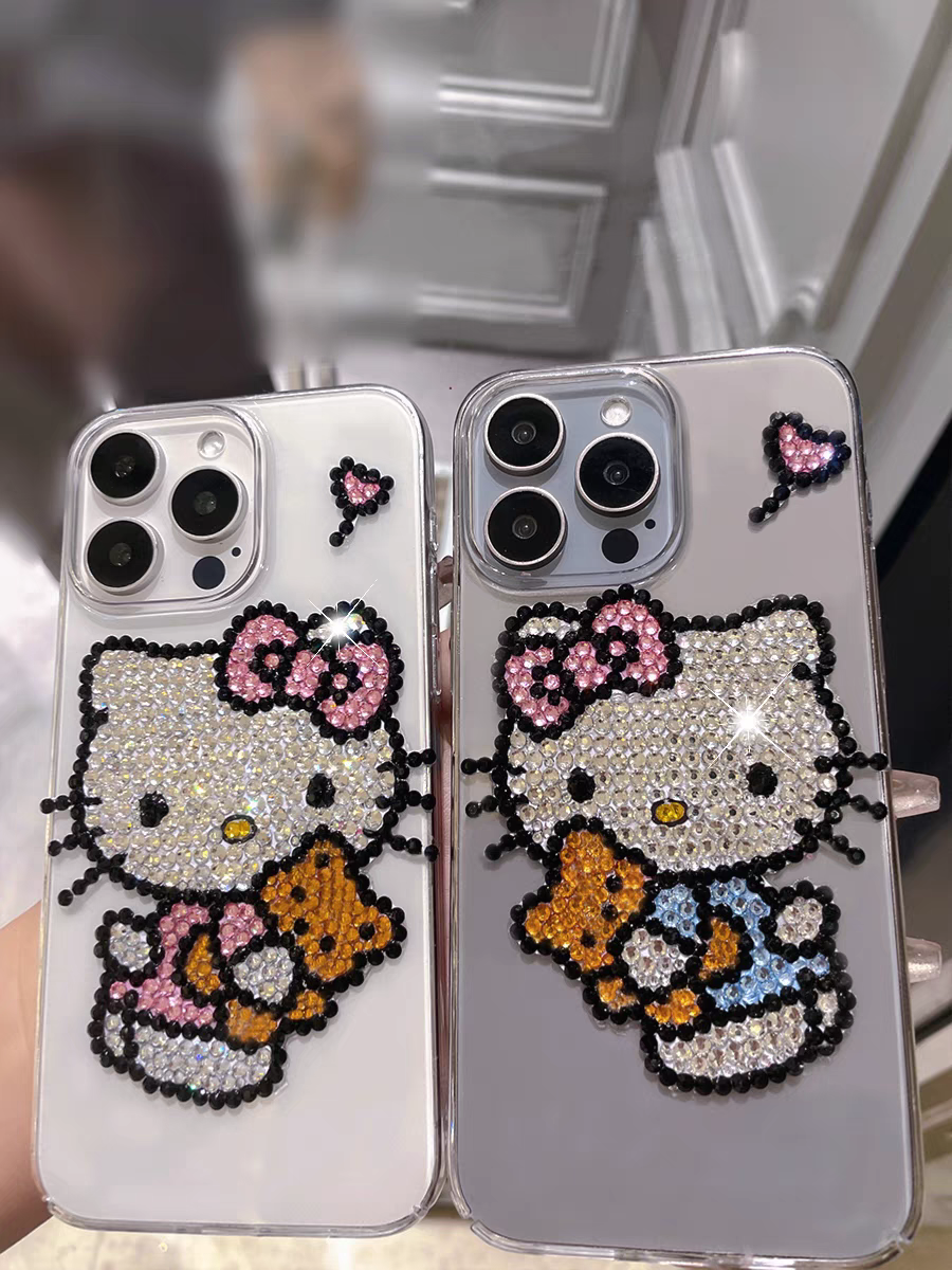 网红懒懒kitty猫高级水钻镶钻iPhone16promax苹果系15kt猫手机壳