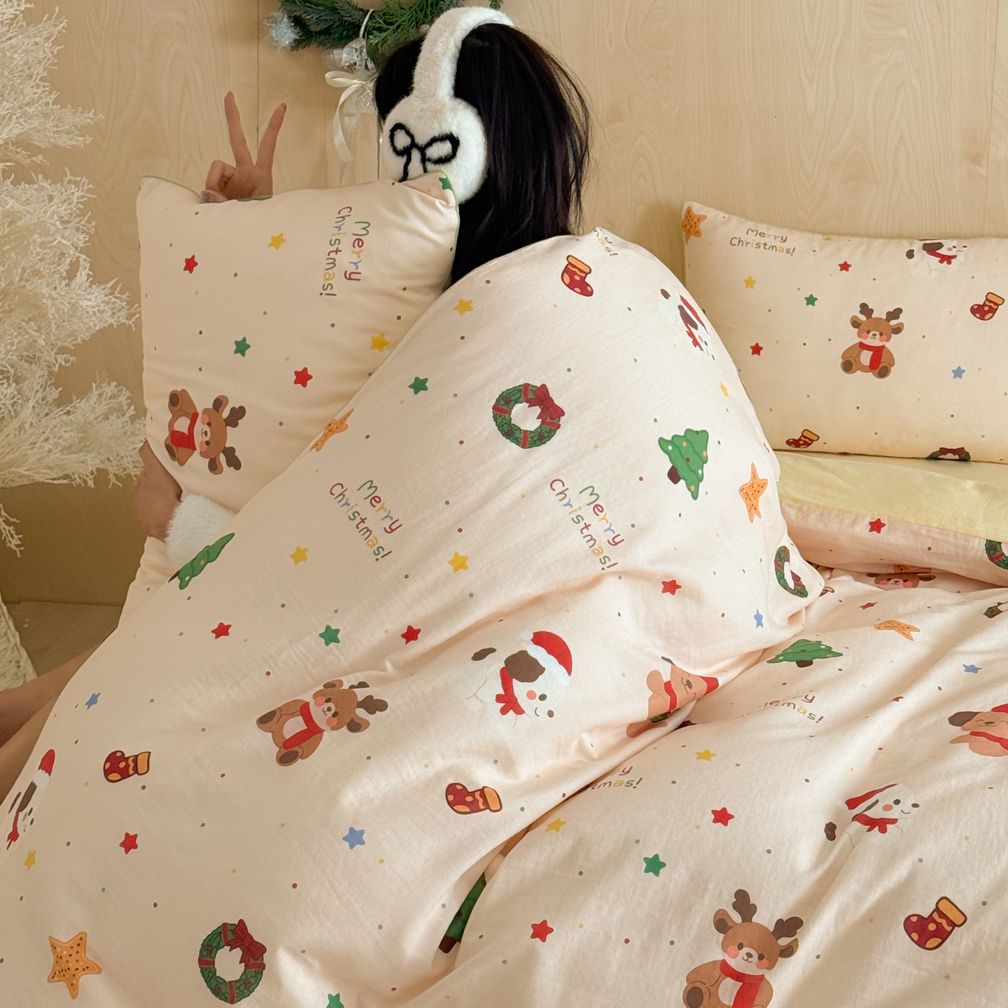 A类圣诞节氛围感全棉双层纱四件套可爱卡通被套纯棉床单亲肤床品