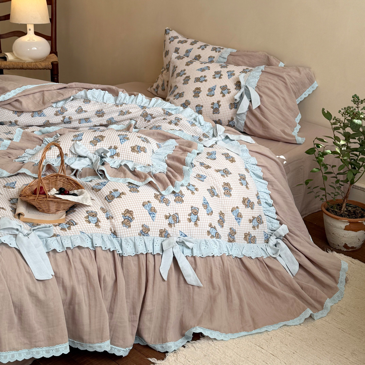 法式少女心全棉双层纱四件套可爱小熊蝴蝶结花边被套床单纯棉床品,床上用品,床品套件/四件套/多件套,淘宝优惠券,粉丝福利购,淘宝优惠卷