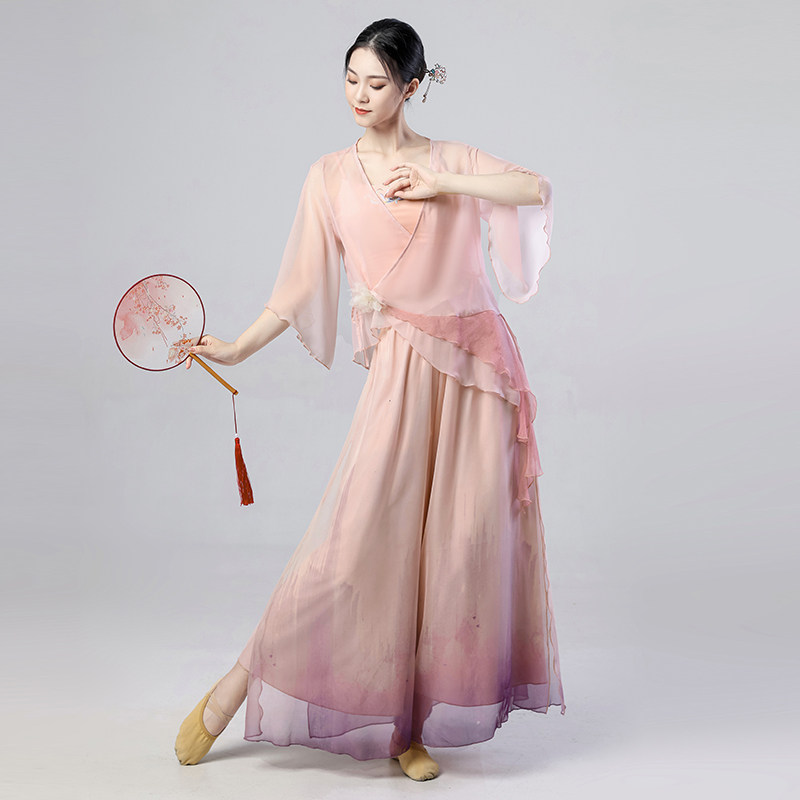 古典纱衣女身韵练功服仙气飘逸粉色中国舞表演演出服套古典舞蹈服_虎窝淘